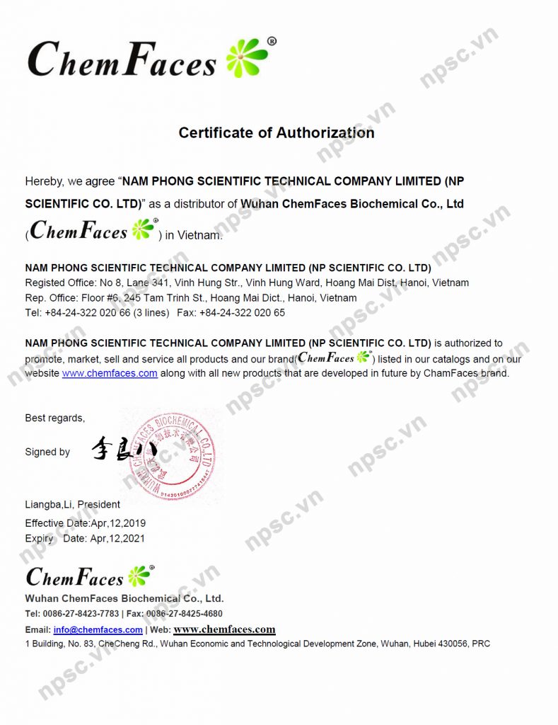 Chứng nhận đại lý độc quyền Chemfaces của Công ty Nam Phong