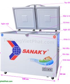 Kích thước tủ đông Sanaky VH-2899W1, 220L 2 ngăn đông mát dàn đồng