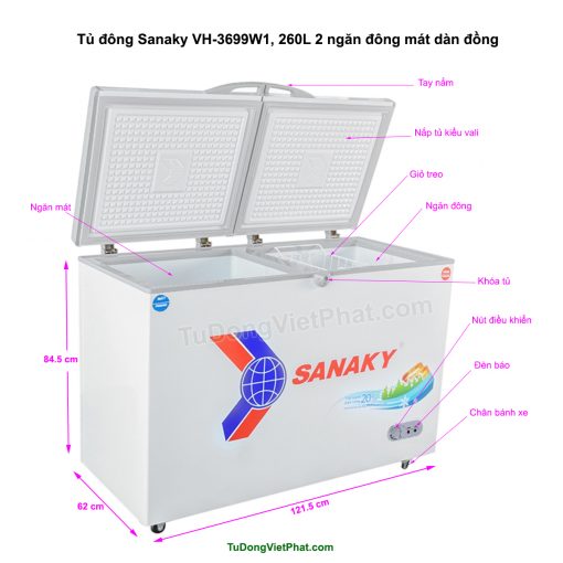Kích thước tủ đông Sanaky VH-3699W1, 260L 2 ngăn đông mát dàn đồng