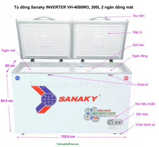 Kích thước tủ đông Sanaky VH-4099W3, INVERTER 300L 2 ngăn đông mát