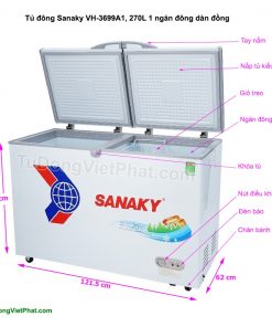 Kích thước tủ đông Sanaky VH-3699A1, 270L 1 ngăn đông dàn đồng