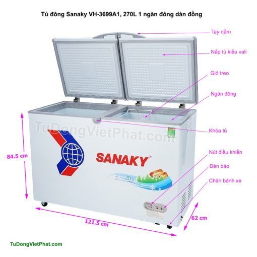 Kích thước tủ đông Sanaky VH-3699A1, 270L 1 ngăn đông dàn đồng