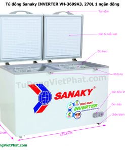 Kích thước tủ đông Sanaky VH-3699A3, INVERTER 270L 1 ngăn đông