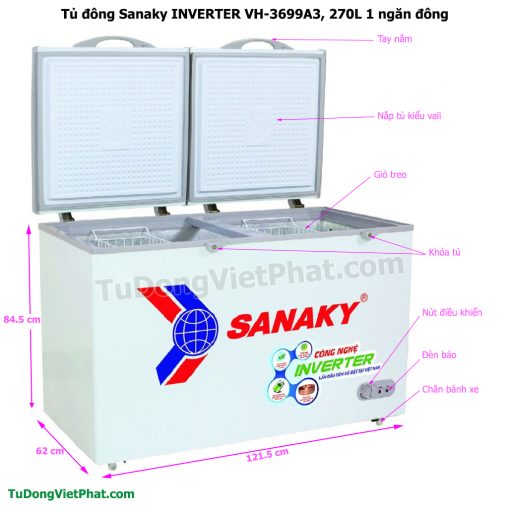 Kích thước tủ đông Sanaky VH-3699A3, INVERTER 270L 1 ngăn đông