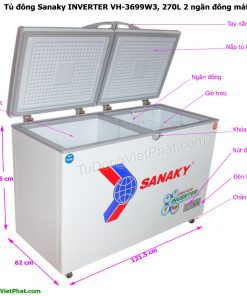Kích thước tủ đông Sanaky VH-3699W3, INVERTER 270L 2 ngăn đông mát