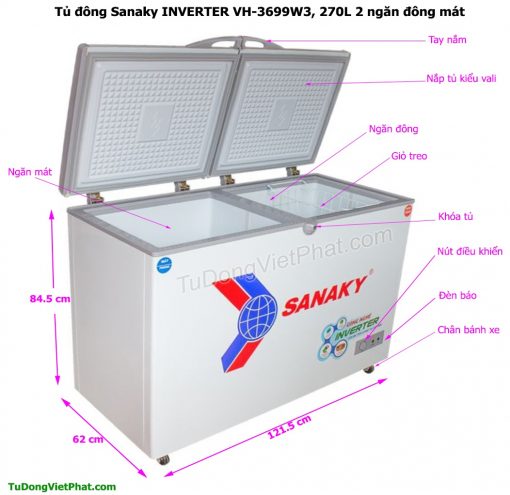 Kích thước tủ đông Sanaky VH-3699W3, INVERTER 270L 2 ngăn đông mát