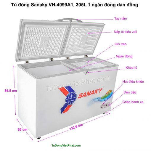 Kích thước tủ đông Sanaky VH-4099A1, 305L 1 ngăn đông dàn đồng