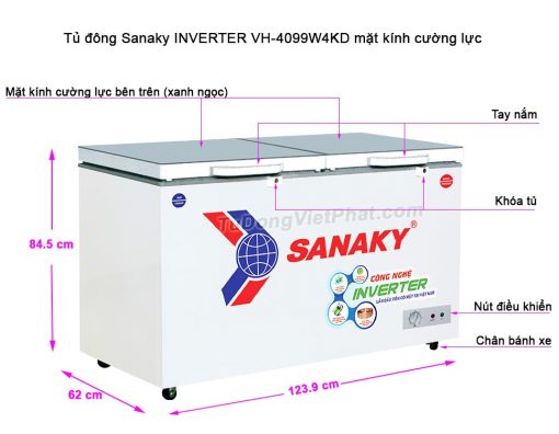 Kích thước tủ đông Sanaky VH-4099W4KD INVERTER mặt kính cường lực