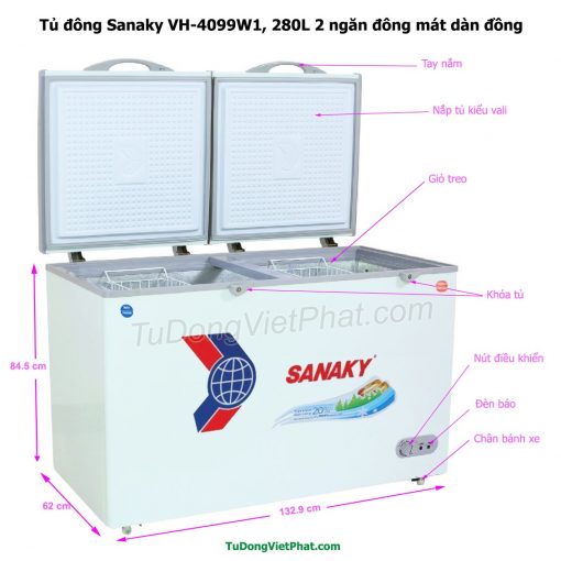 Kích thước tủ đông Sanaky VH-4099W1, 280L 2 ngăn đông mát dàn đồng