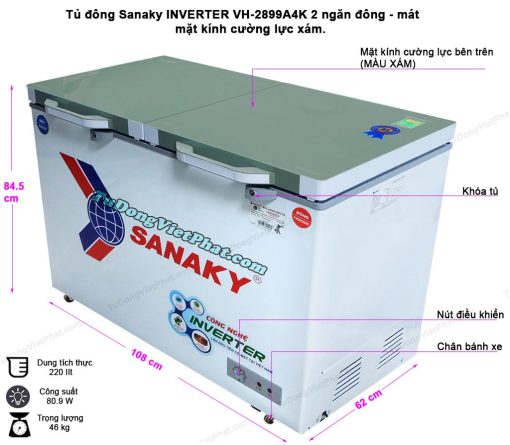 Tủ đông Sanaky INVERTER VH-2899W4K mặt kính cường lực xám