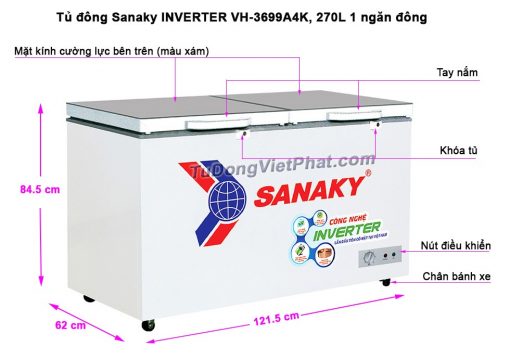 Tủ đông Sanaky INVERTER VH-3699A4K mặt kính cường lực (xám)