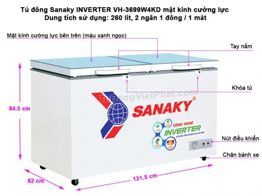 Tủ đông Sanaky INVERTER VH-3699W4KD mặt kính cường lực xanh